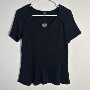 Rafaella Women's V-Neck Peplum Knit Top Black Small NWT 100% Cotton Short Sleeve